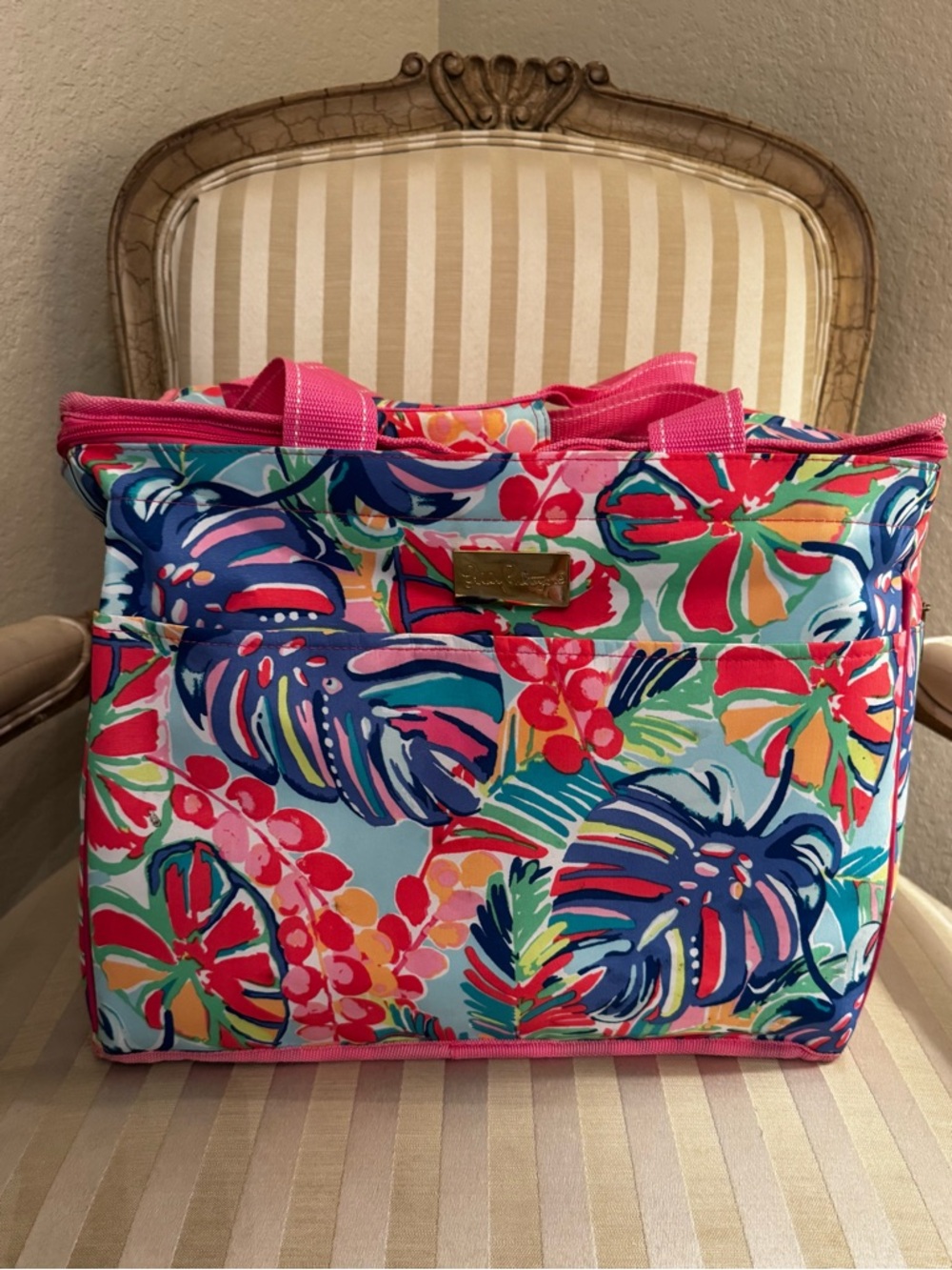 Lilly Pulitzer Tropical Floral Tote/Cooler in Bright Pink and Blue